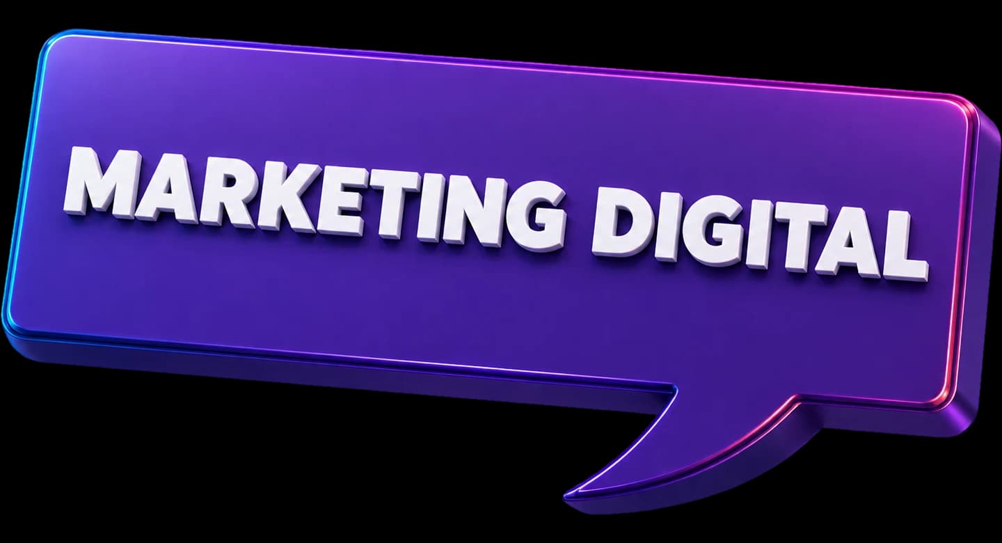 Balão de fala tridimensional roxo com a expressão MARKETING DIGITAL em letras brancas em relevo