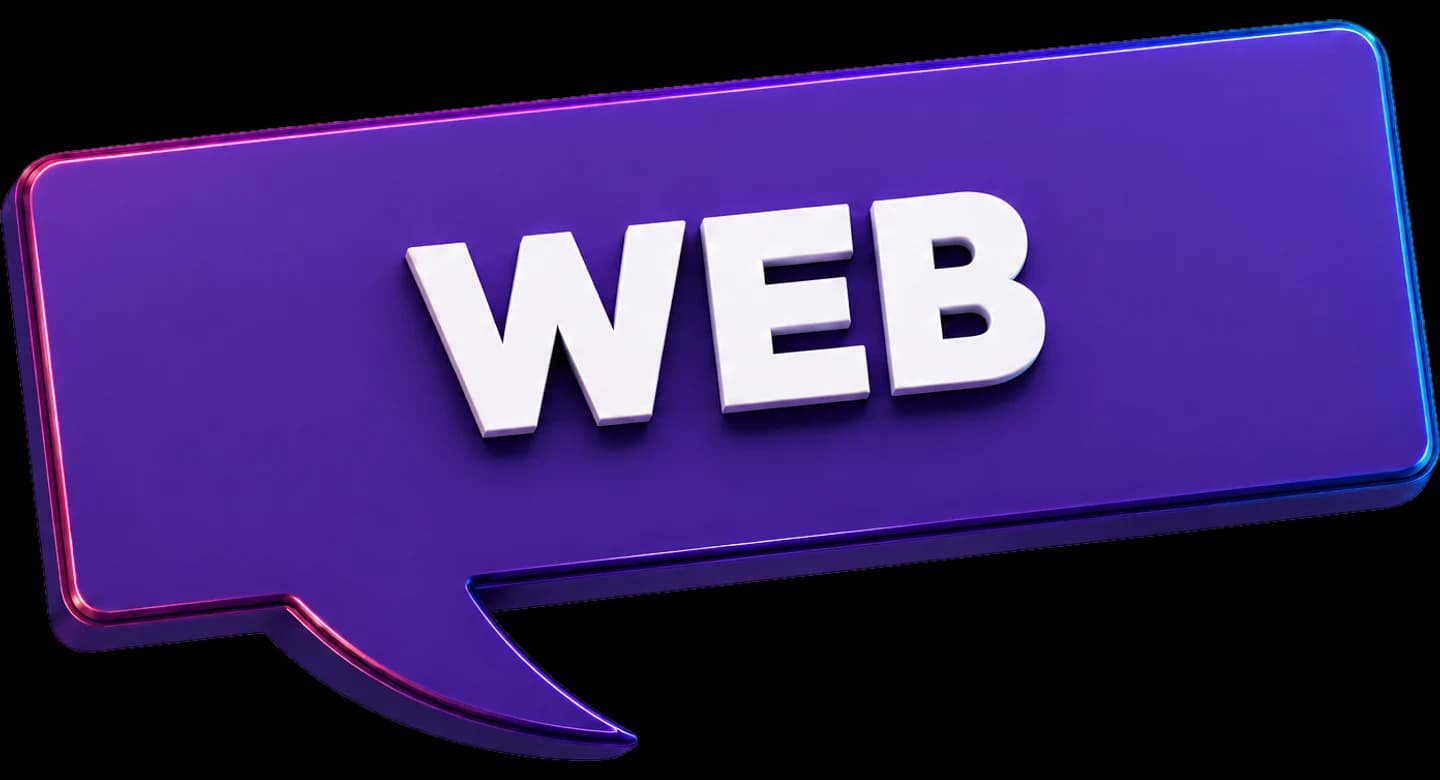 Balão de fala tridimensional roxo com a palavra WEB em letras brancas em relevo